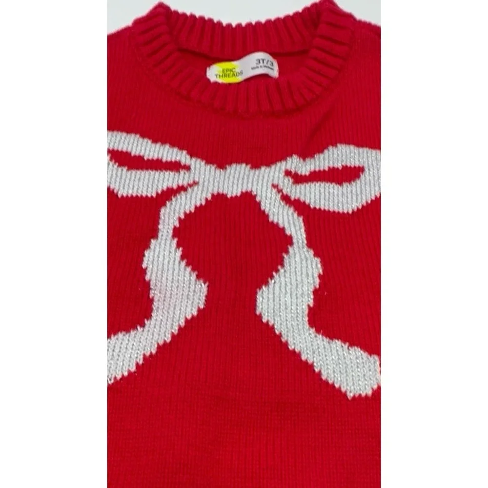 Gently worn toddler girl size 3T Epic Threads red sweater with silvery white bow